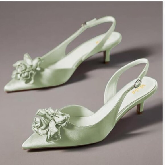 miss left Light Green Flower Pointed Toe Satin Slingback Slip on Low Heel Pumps - Picture 1 of 8